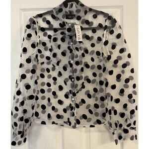 Fab’rik NWT Sheer Blouse White‎ Black Polka Dots Sz MED Tie Formal Holiday Party